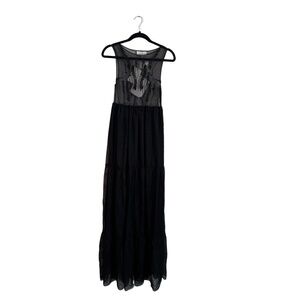 NWT SoAllure Dress IT 44 US M Black Maxi Sheer Embroidered Tiered Feathers $440